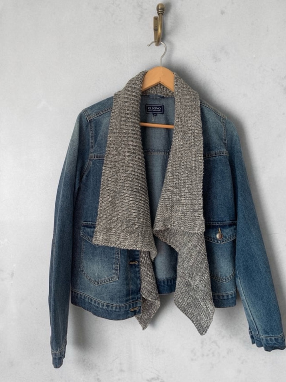 Ci Sono Blue Denim Jacket with Gray Knit Shawl Collar